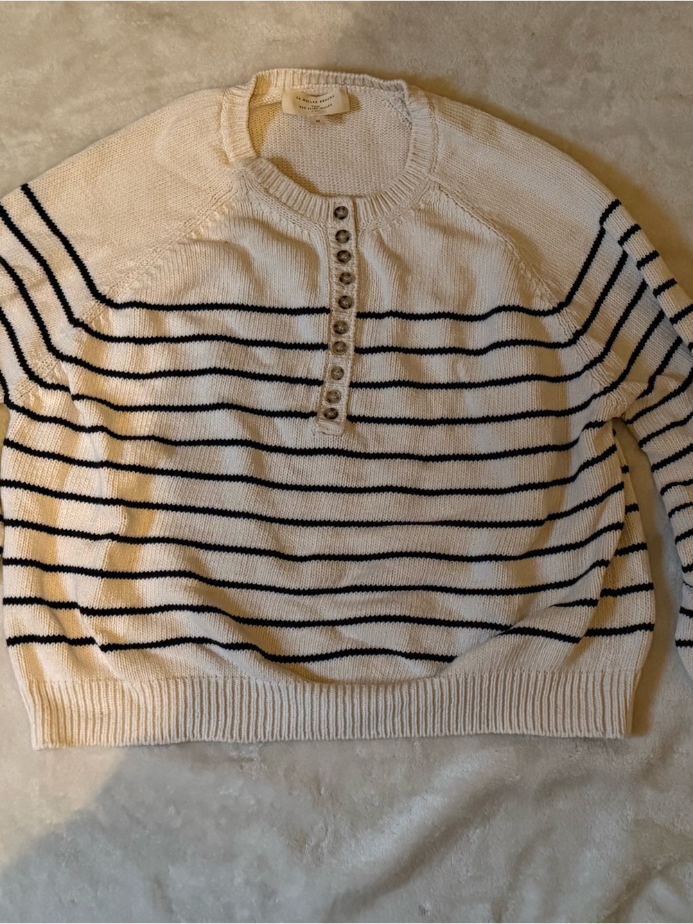 Sezane Leontine Cream and Black Striped Button-Front Sweater Size M